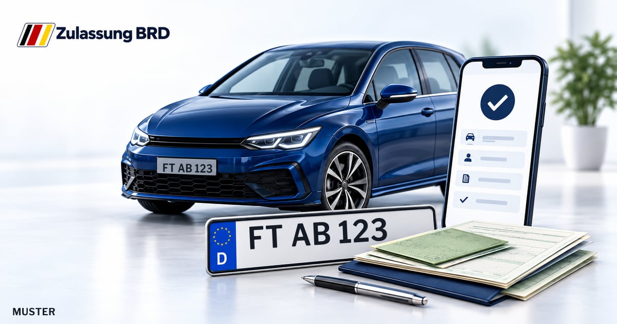 Online Fahrzeugzulassung in Frankenthal: Musterkennzeichen FT AB 123, Auto und Fahrzeugpapiere und Smartphone. Illustration mit Logo von Zulassung BRD.